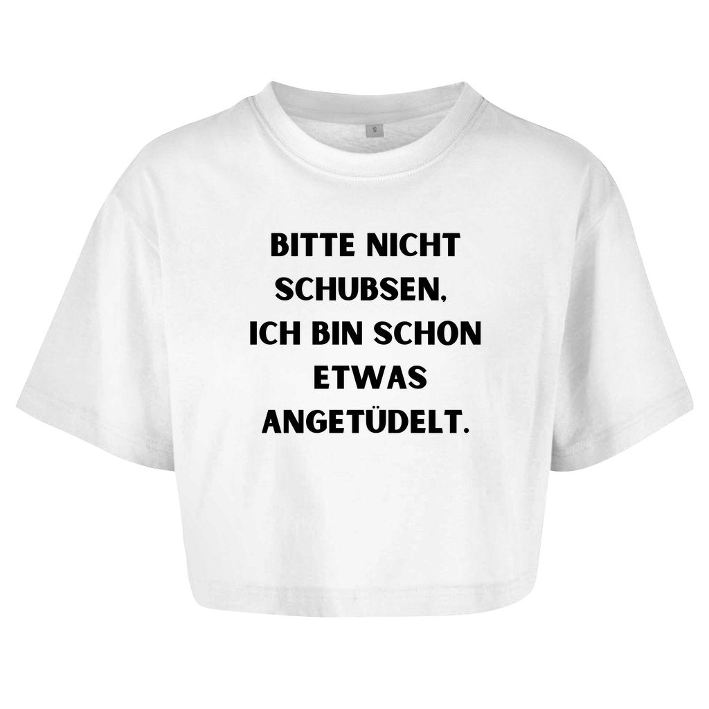 Damen Oversize Crop Top "Bitte nicht Schubsen" - Grafikmagie