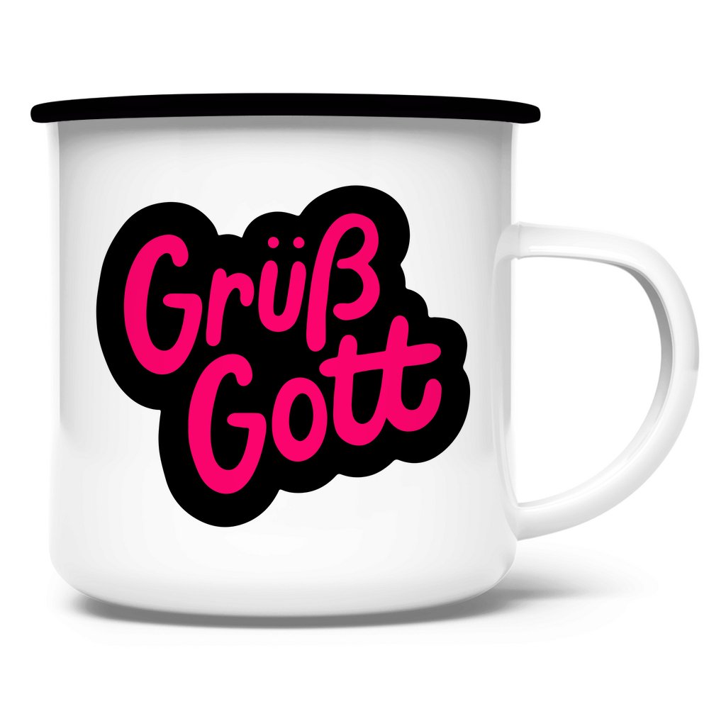 Emaille Tasse "Grüß Gott" - Grafikmagie