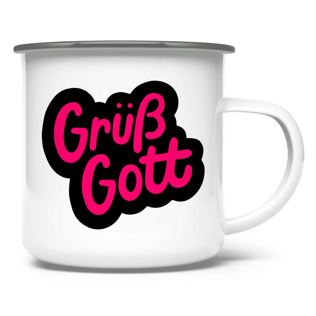 Emaille Tasse "Grüß Gott" - Grafikmagie