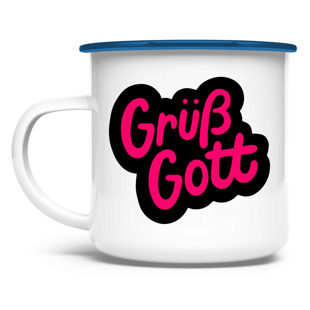 Emaille Tasse "Grüß Gott" - Grafikmagie