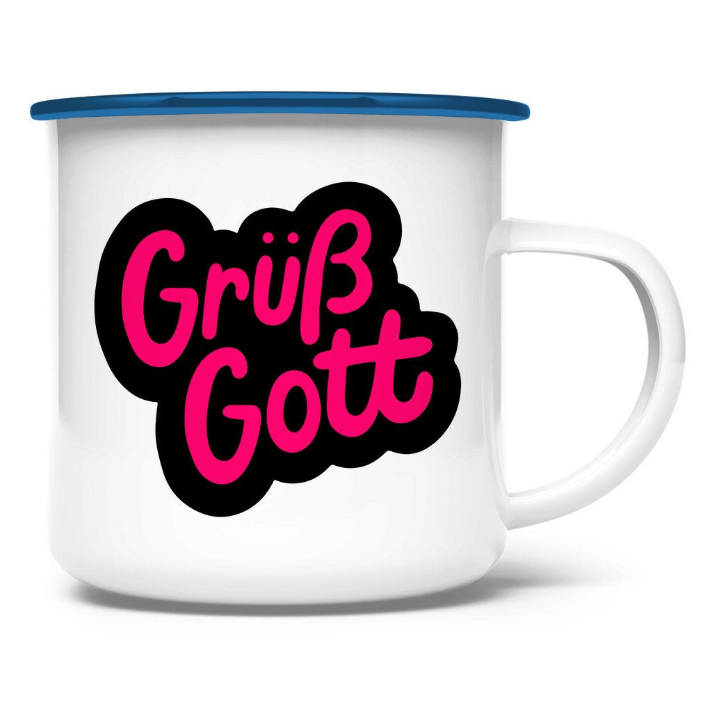 Emaille Tasse "Grüß Gott" - Grafikmagie
