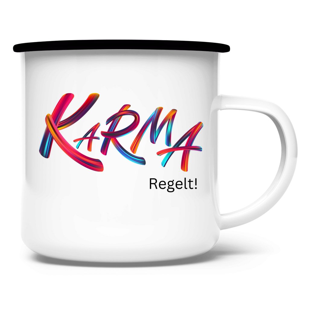 Emaille Tasse "Karma regelt" - Grafikmagie