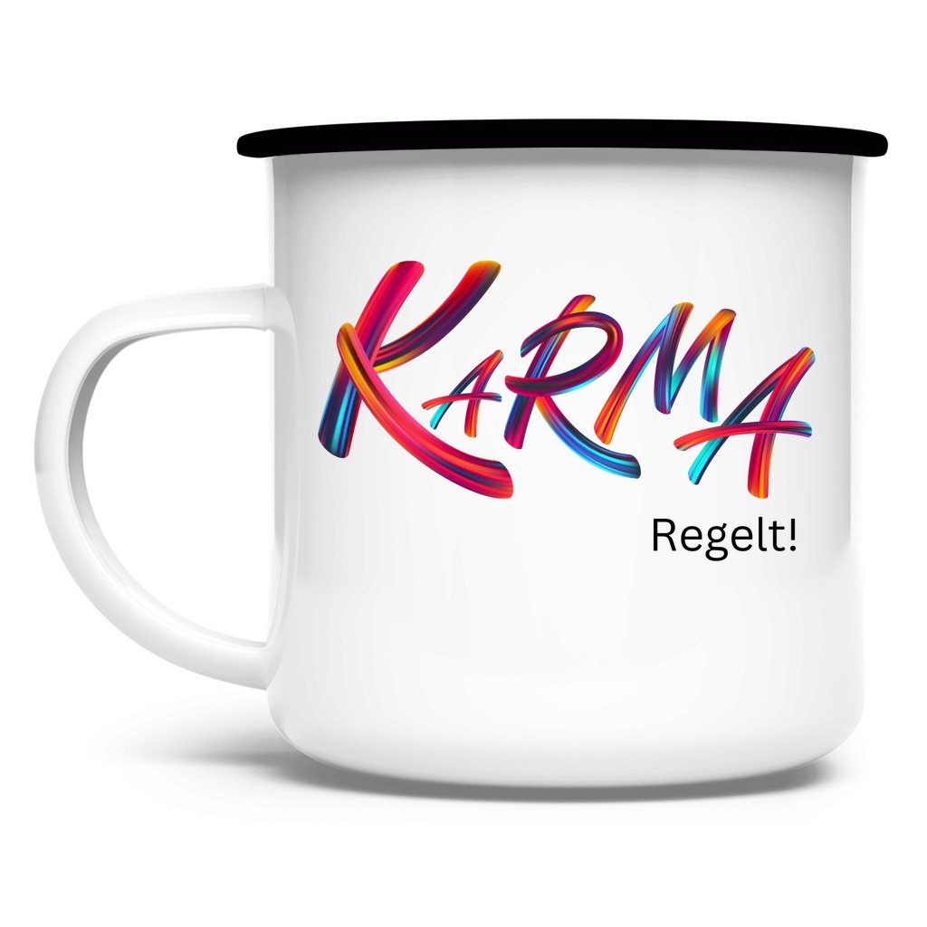 Emaille Tasse "Karma regelt" - Grafikmagie