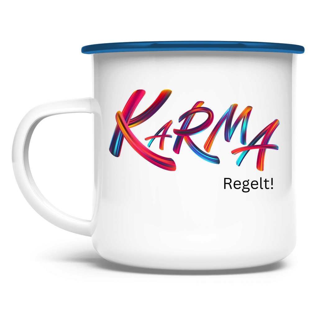 Emaille Tasse "Karma regelt" - Grafikmagie
