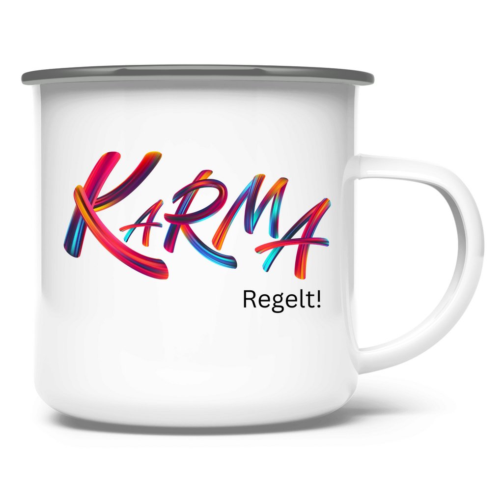 Emaille Tasse "Karma regelt" - Grafikmagie