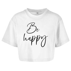 Damen Oversize Crop Top "Be happy" - Grafikmagie