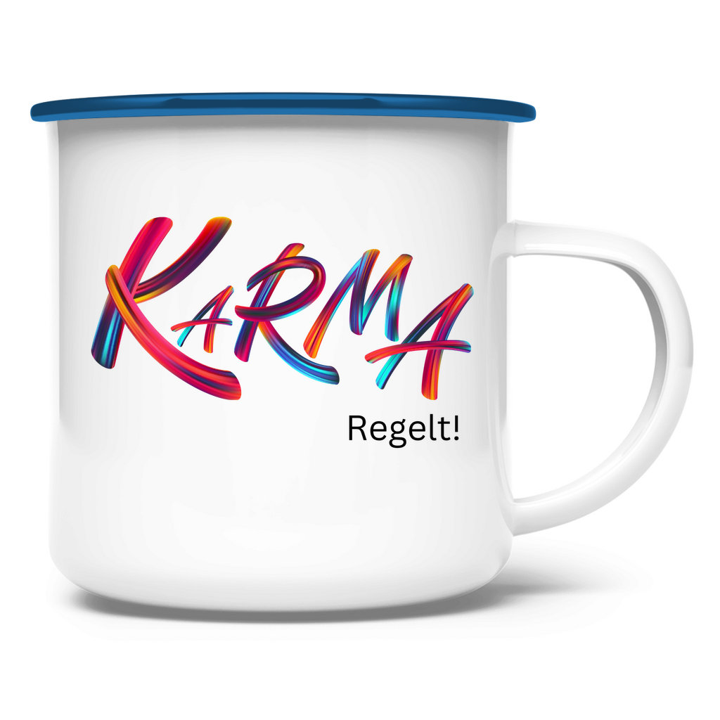 Emaille Tasse "Karma regelt" - Grafikmagie