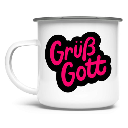 Emaille Tasse "Grüß Gott" - Grafikmagie