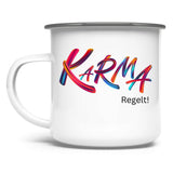 Emaille Tasse "Karma regelt" - Grafikmagie