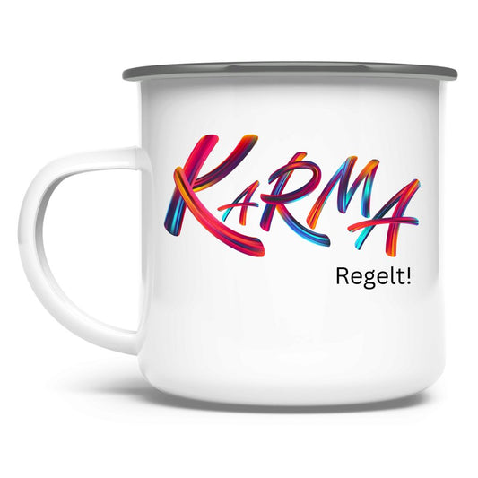 Emaille Tasse "Karma regelt" - Grafikmagie