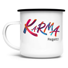 Emaille Tasse "Karma regelt" - Grafikmagie
